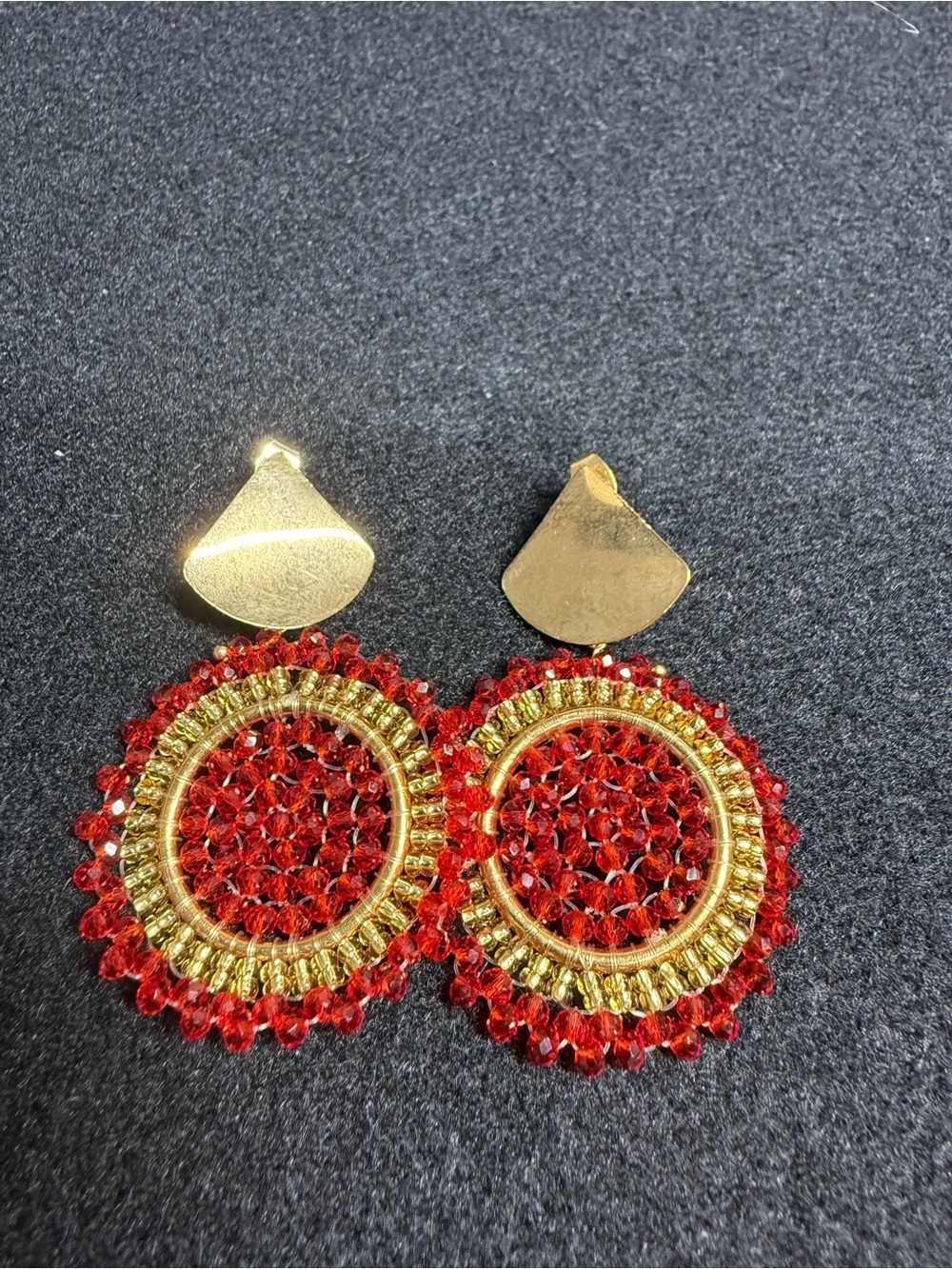 Vintage Italian Jewelry Red Beaded Statement Earrings Gold Tone Boho